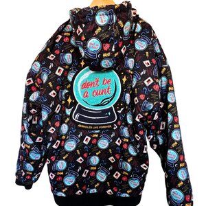 Graphic Black Puffer Jacket with Turquoise Patch